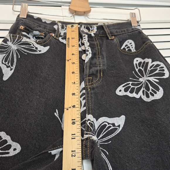 PACSUN‎ Eco Black Butterfly Jeans Women Sz 25 High Rise Straight Cotton Y2K Boho - Picture 10 of 13